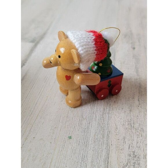 Wooden teddy bear wagon tree heart ornament Xmas decor - Picture 2 of 6